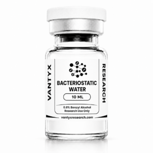 Clear glass vial labeled 'Bacteriostatic Water, 10 mL' with a white cap; notes '0.9% Benzyl Alcohol' and 'Research Use Only' on the label (brand: VANTYX Research).